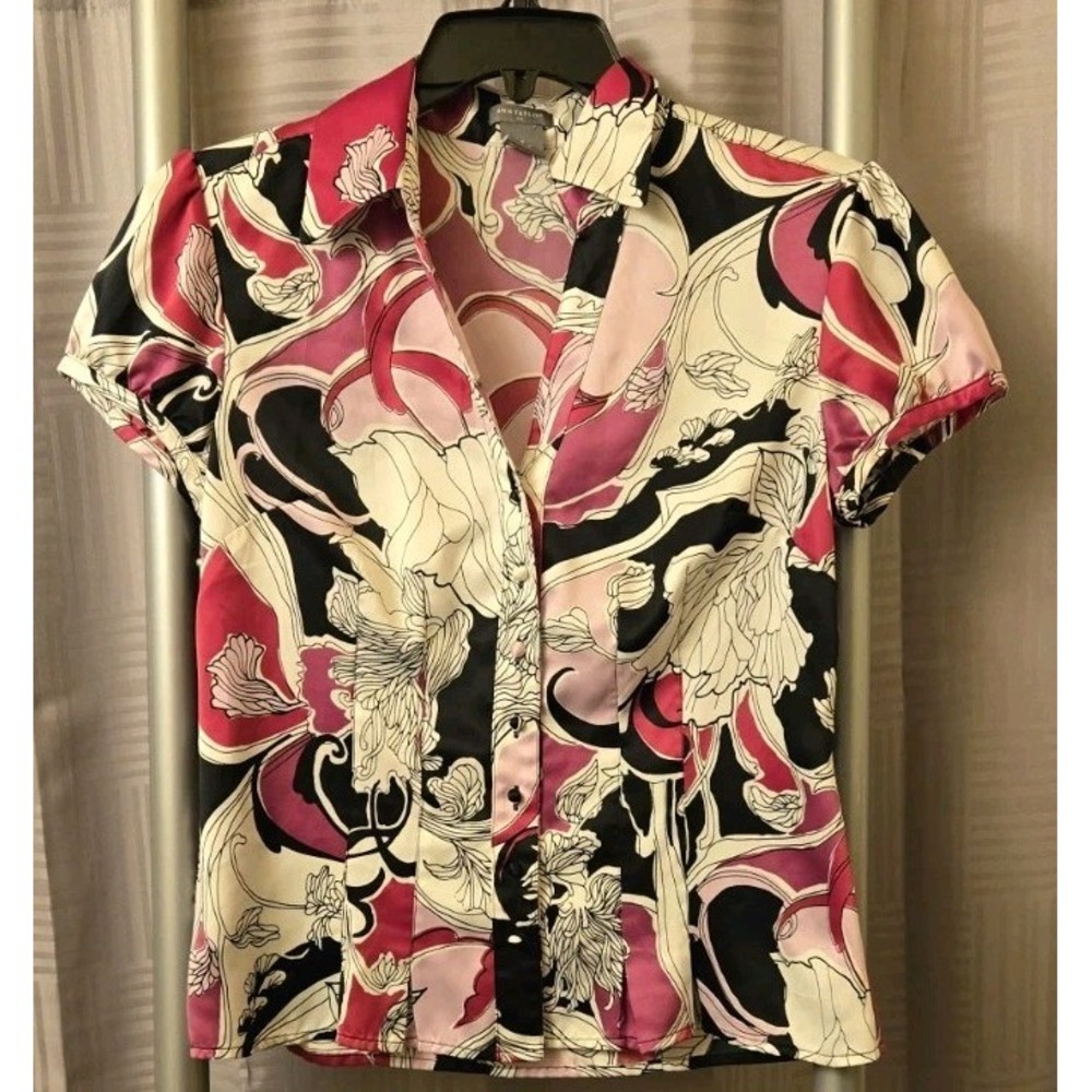 Ann Taylor Scarf Print Short‎ Sleeve Collared V Neck Button Blouse Purple Sz 2